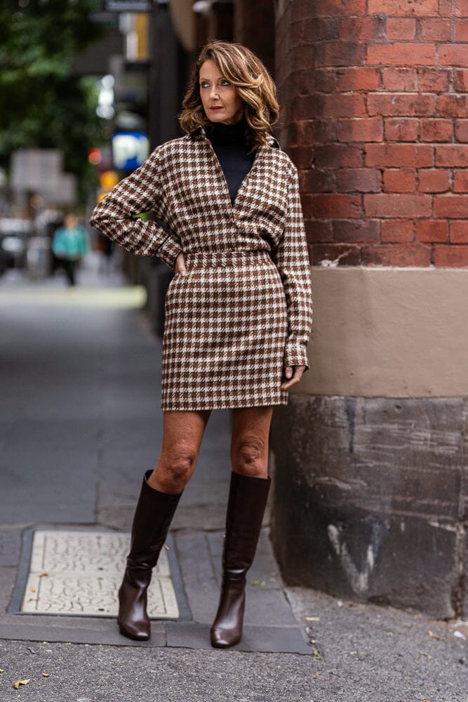 Paris Skirt - Window Check Brown, Cream and Navy Tweed