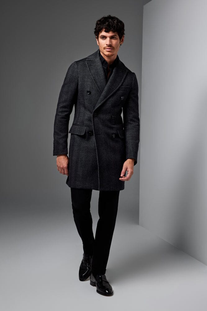 Enzo Luxe Coat - Charcoal Herringbone Double Faced Wool