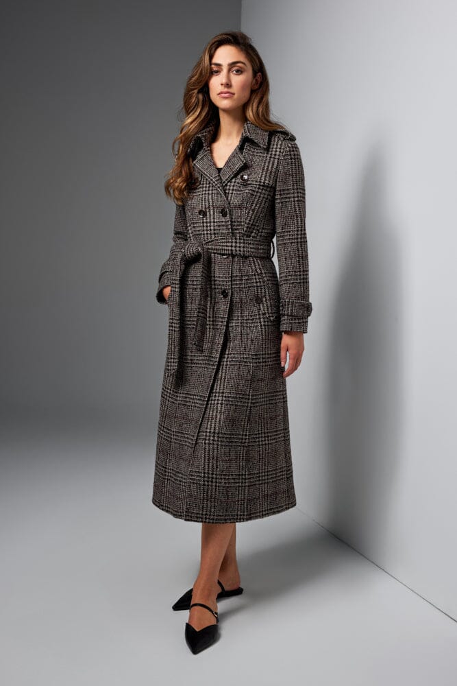 Caterina Wool Trench Coat - Brown and Burgundy Check Wool Mohair Silk