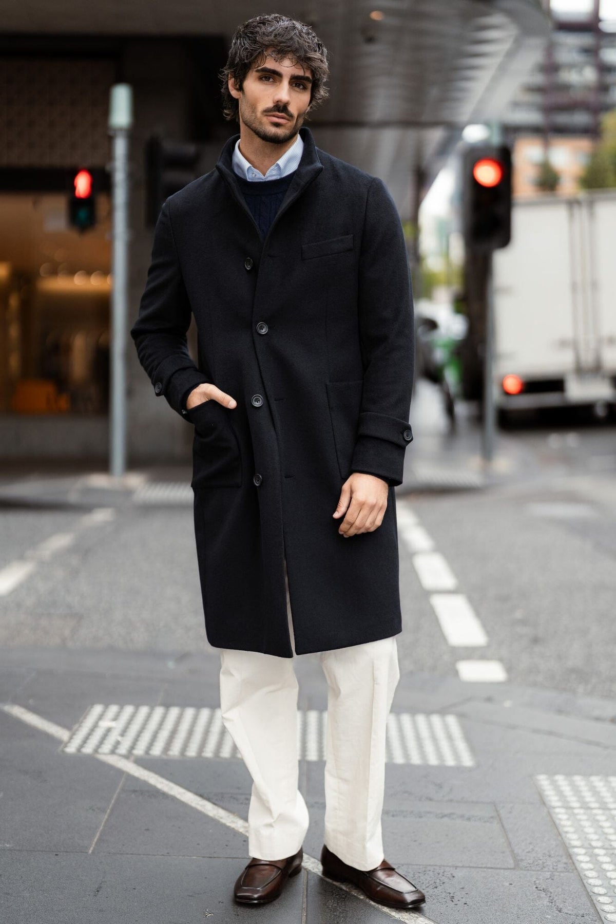 Shoreditch Stand Collar Coat - Navy Wool