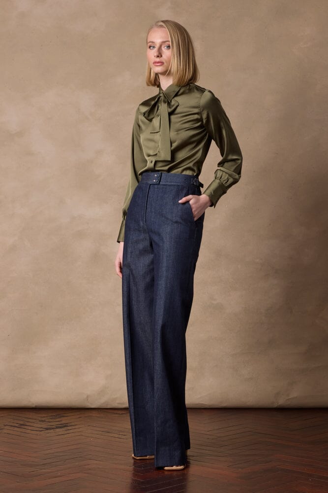 Blakely Pussy Bow Blouse - Olive Silk