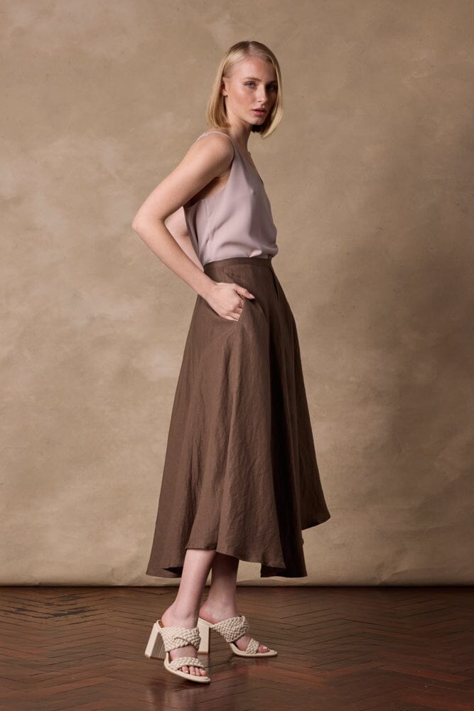 Sienna A-Line Midi Skirt - Brown Linen Blend