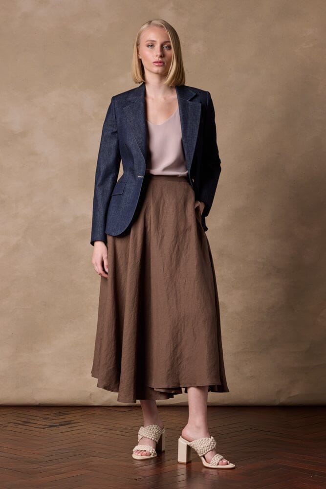 Sienna A-Line Midi Skirt - Brown Linen Blend