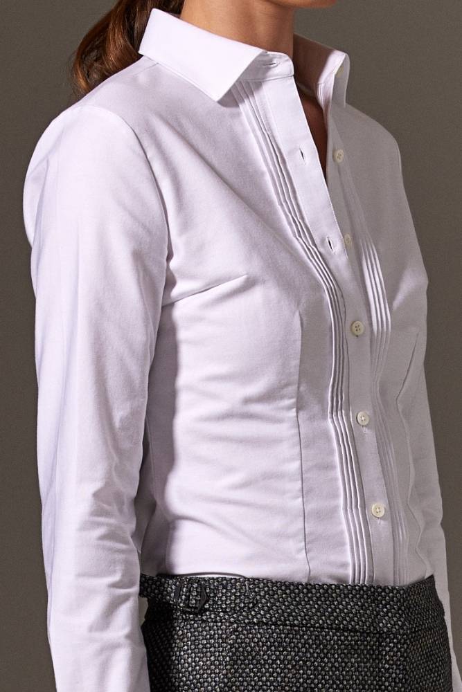 Natalia Tuxedo Pleated Front Shirt - White Cotton