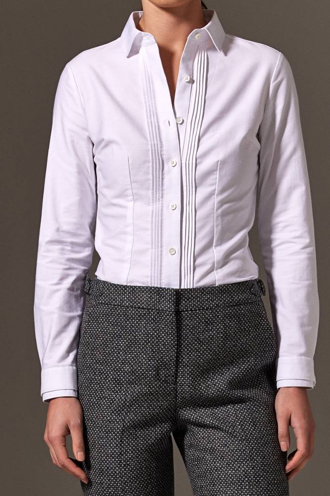 Natalia Tuxedo Pleated Front Shirt - White Cotton