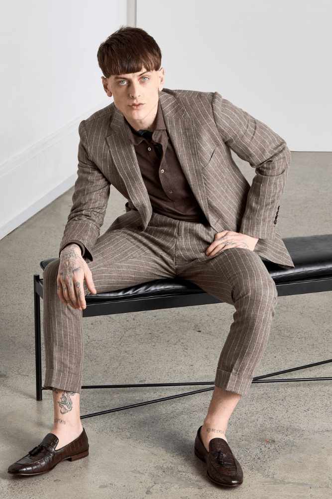 The David Jacket - Light Brown Pinstripe Linen