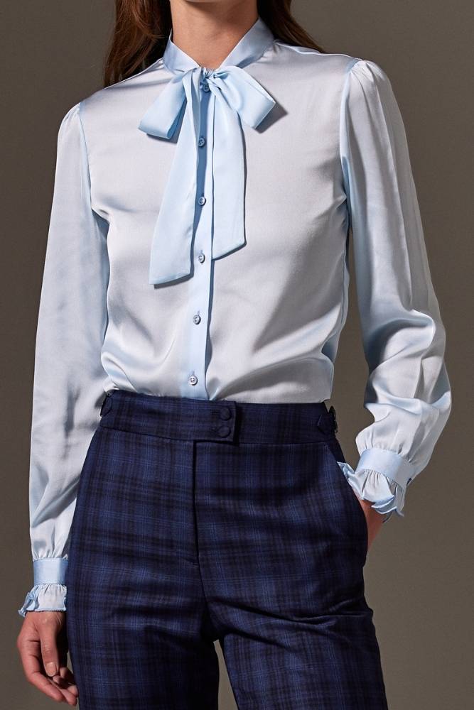 Valeria Pussy Bow Blouse - Lt Blue Silk Stretch