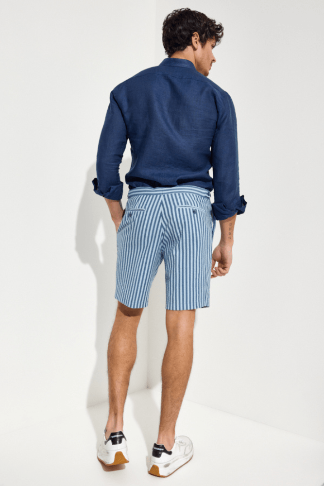 Marcello Stand Collar Shirt - Navy Linen