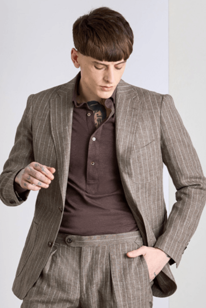 The David Jacket - Light Brown Pinstripe Linen