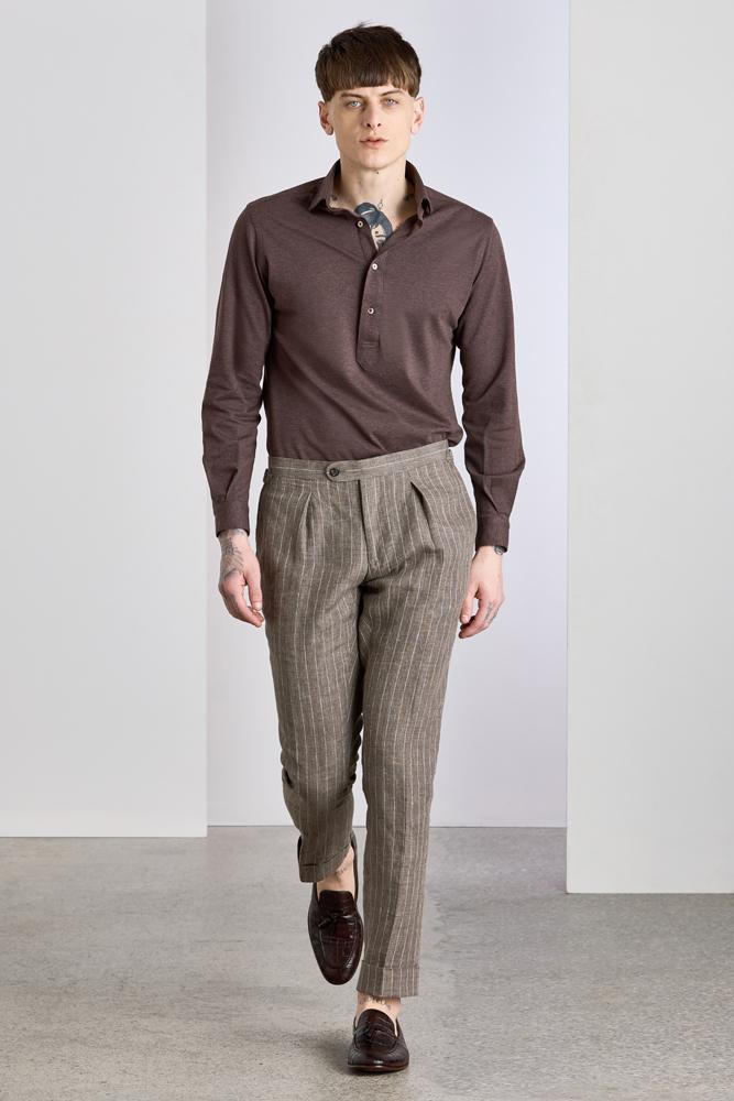 The Sacha Trouser - Light Brown Pinstripe Linen