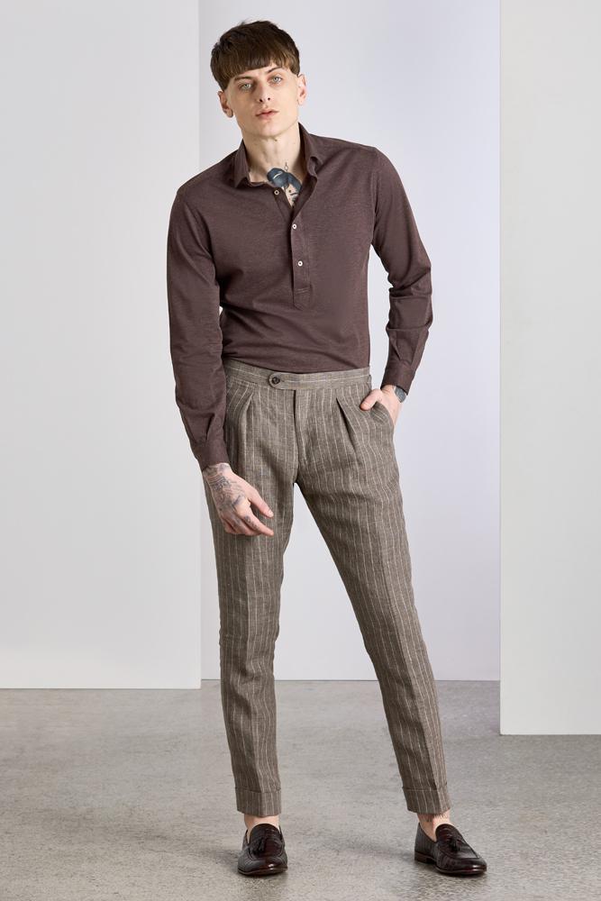 The Sacha Trouser - Light Brown Pinstripe Linen