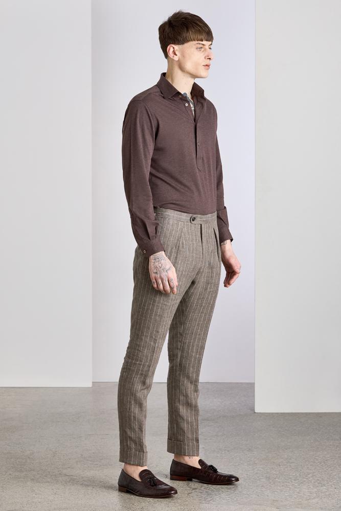 The Sacha Trouser - Light Brown Pinstripe Linen