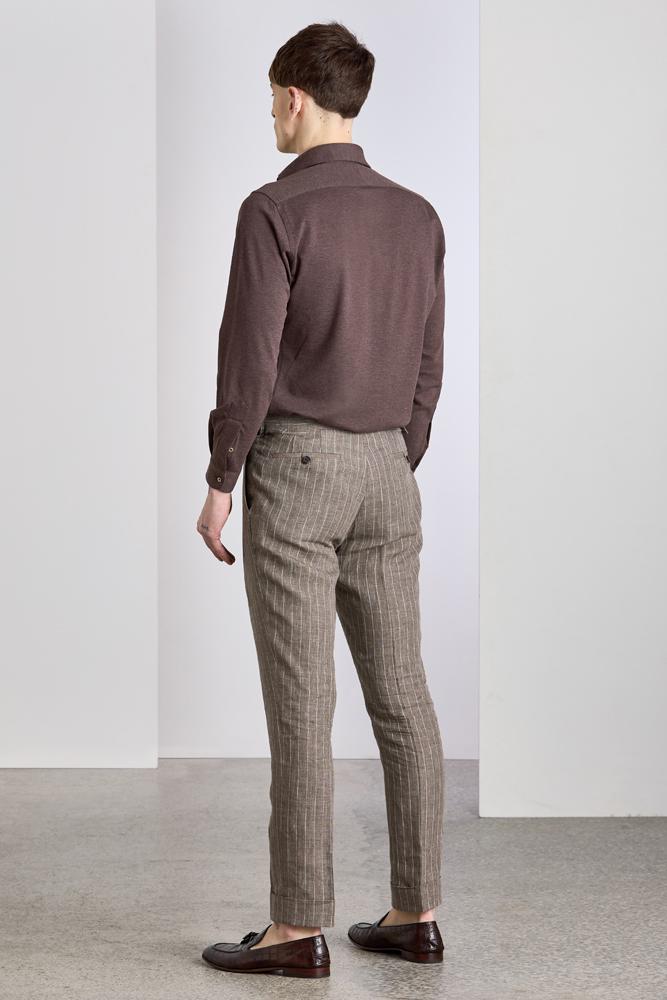 The Sacha Trouser - Light Brown Pinstripe Linen