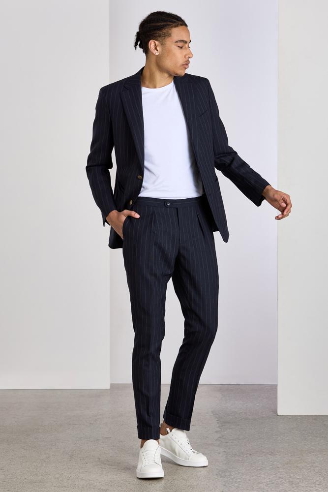 The Sacha Trouser - Navy Chalk Stripe Tropical Wool