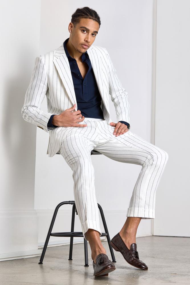 The Greyson Suit - White and Navy Pinstripe Linen