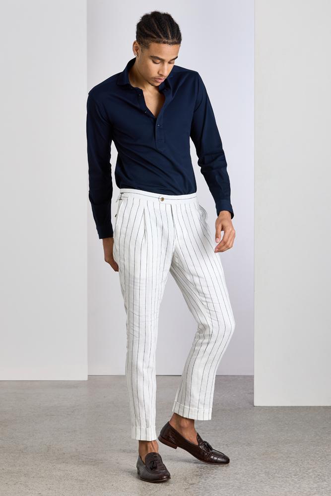 Roma Trouser - White and Navy Pinstripe Linen