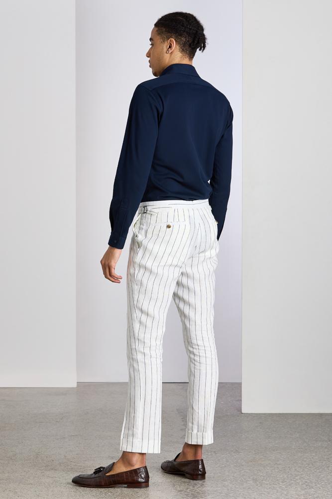 Roma Trouser - White and Navy Pinstripe Linen