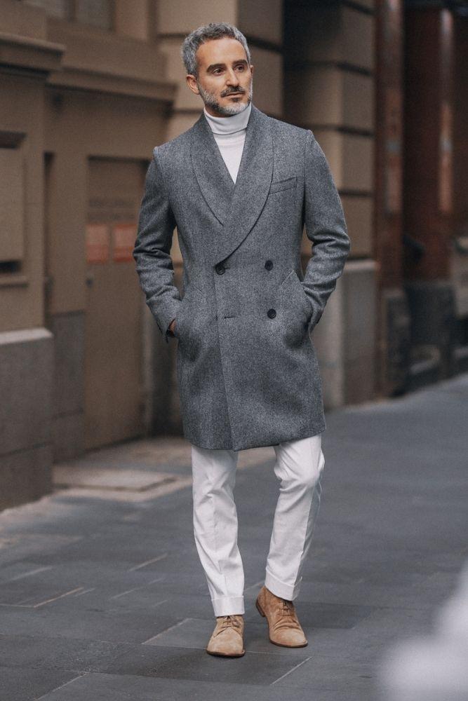 Grey overcoat 2024 blue suit