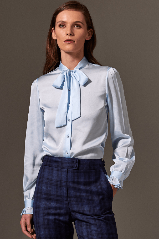 Valeria Pussy Bow Blouse - Lt Blue Silk Stretch