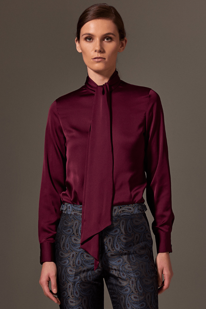 Stella Pussy Bow Blouse - Burgundy Silk Stretch