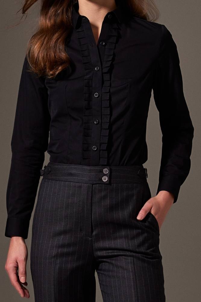 Alice Ruffled Front Shirt - Black Cotton