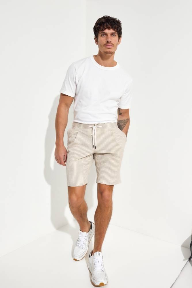 Bailey Casual Shorts - Beige and White Stripe Seersucker Stretch Cotton