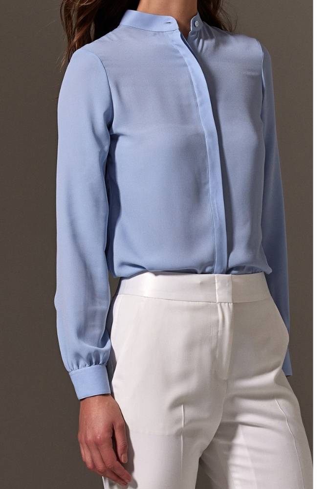 Margot Stand Collar Blouse - Sky Blue Silk Stretch