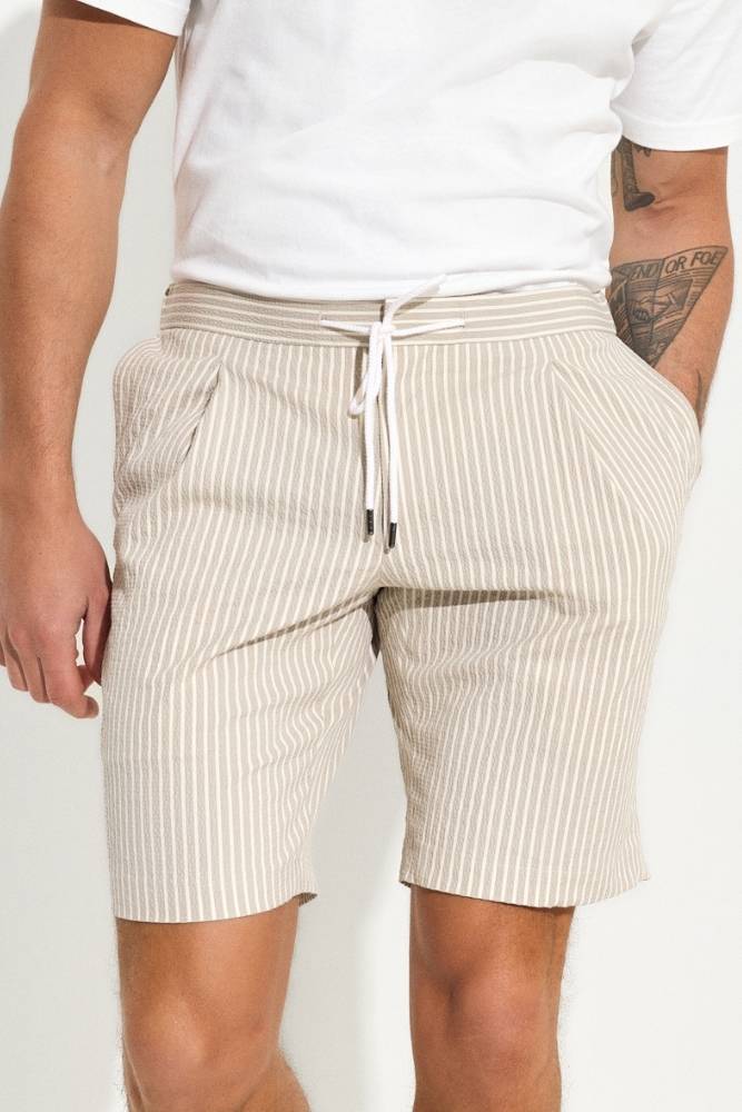 Bailey Casual Shorts - Beige and White Stripe Seersucker Stretch Cotton