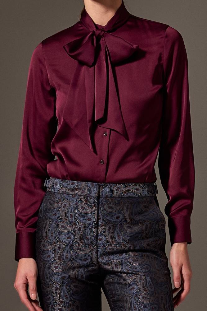 Stella Pussy Bow Blouse - Burgundy Silk Stretch