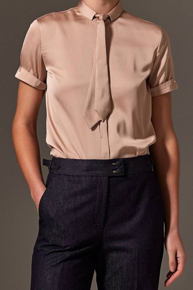 Eva Short Sleeve Blouse - Nude Silk Stretch