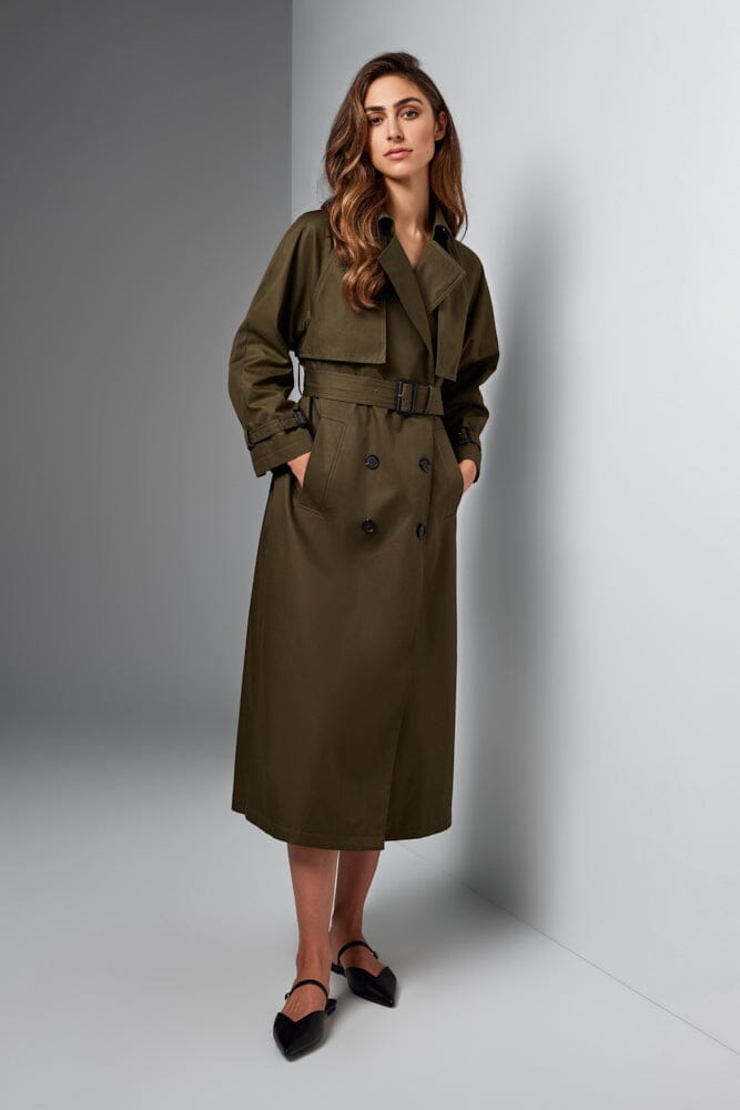 Maddie Oversized Trench Coat Olive Cotton Gabardine