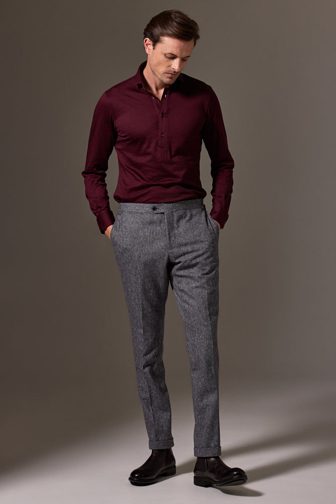 Magnus Long Sleeve Polo Shirt - Burgundy Merino Wool