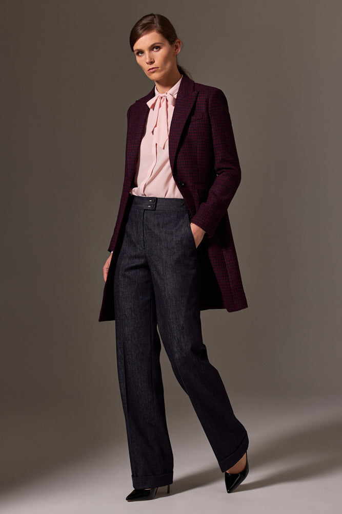 Annabelle Coat - Burgundy and Navy Houndstooth Harris Tweed