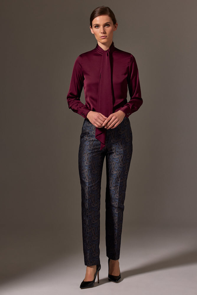Stella Pussy Bow Blouse - Burgundy Silk Stretch