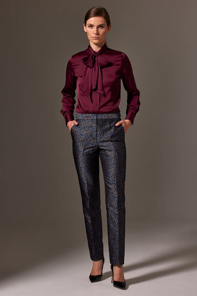 Stella Pussy Bow Blouse - Burgundy Silk Stretch