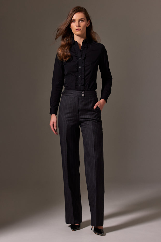 Emma Wide Leg Pant - Charcoal Pinstripe Wool