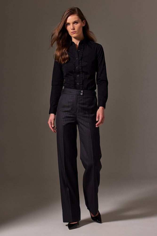 Emma Wide Leg Pant - Charcoal Pinstripe Wool