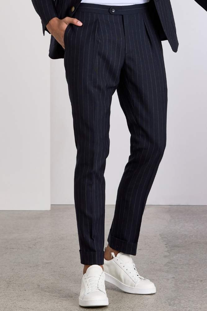 The Sacha Trouser - Navy Chalk Stripe Tropical Wool
