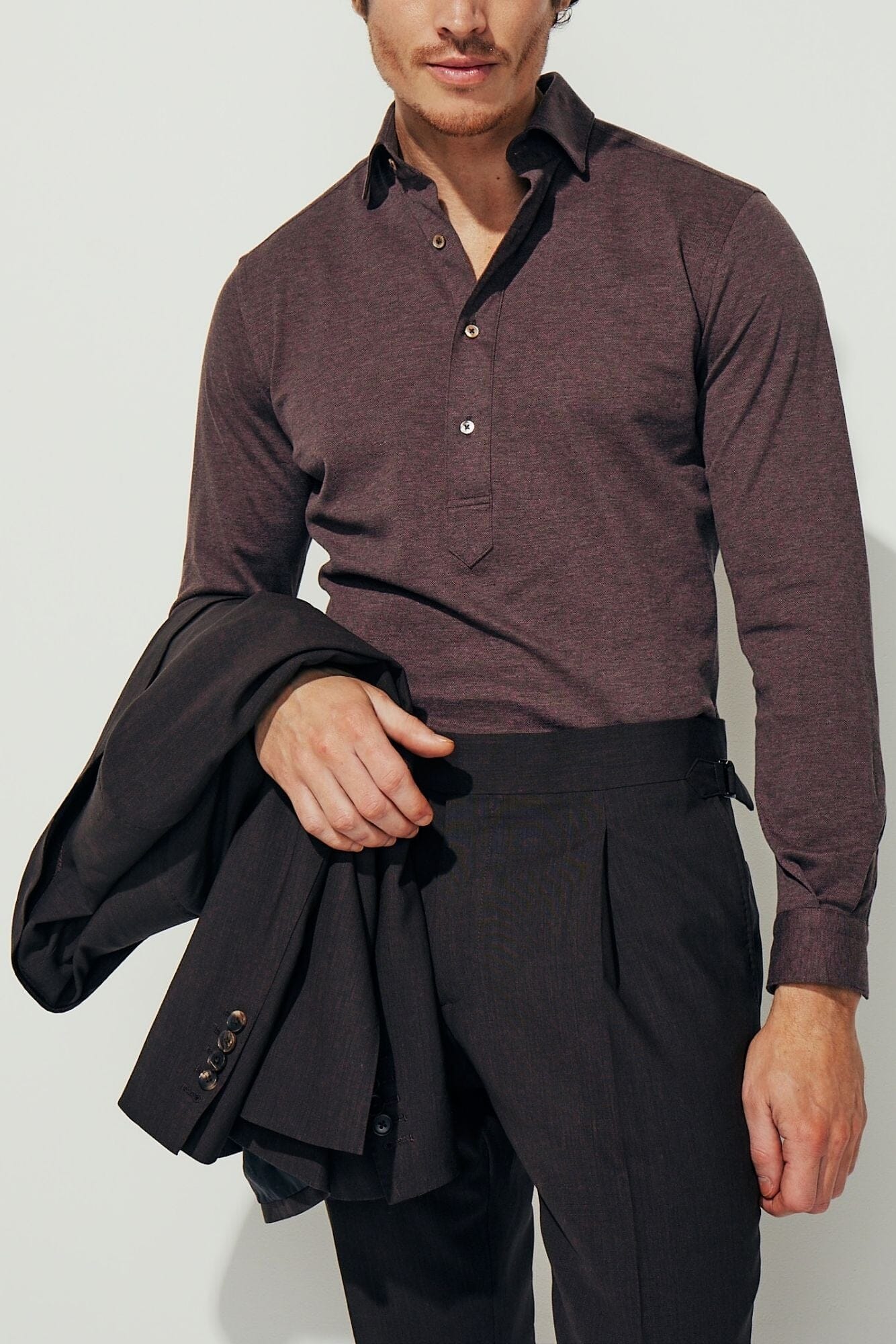 Magnus Long Sleeve Polo Shirt - Brown Cotton Pique_