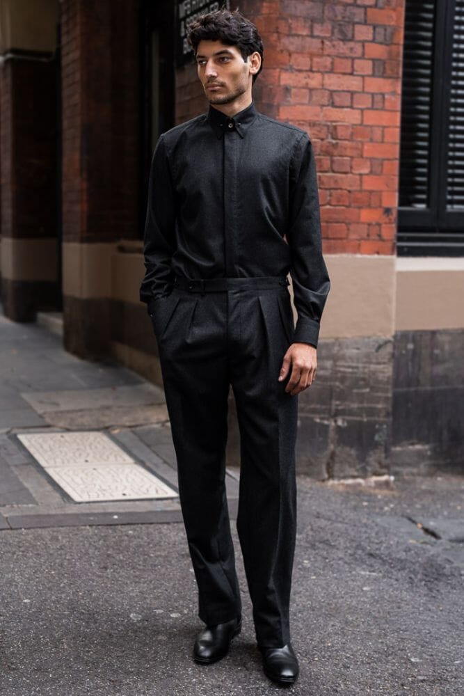 Mayfair Pin Collar Shirt - Charcoal Wool Flannel