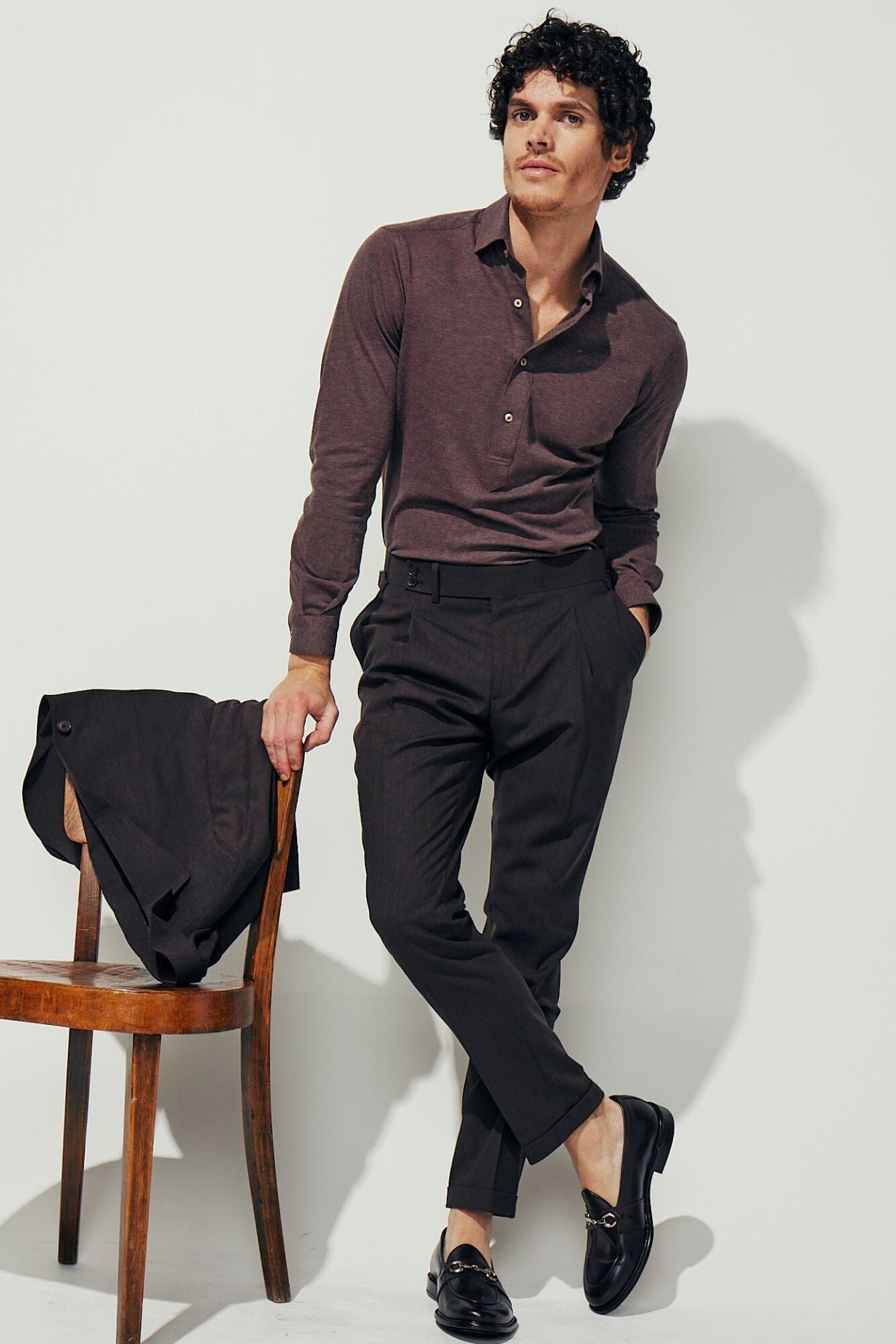 Magnus Long Sleeve Polo Shirt - Brown Cotton Pique_