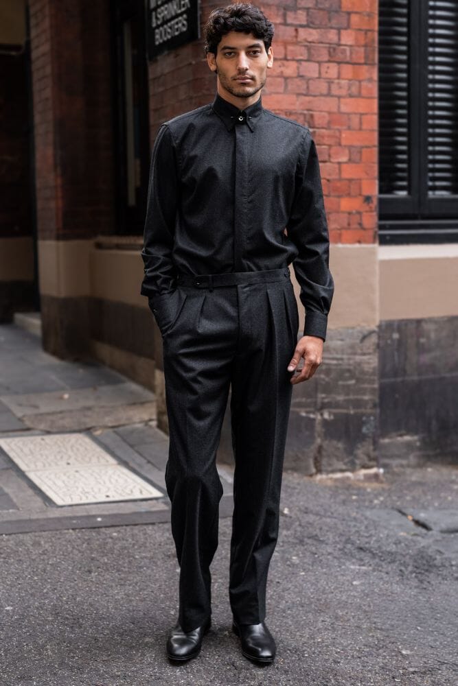 Mayfair Pin Collar Shirt - Charcoal Wool Flannel