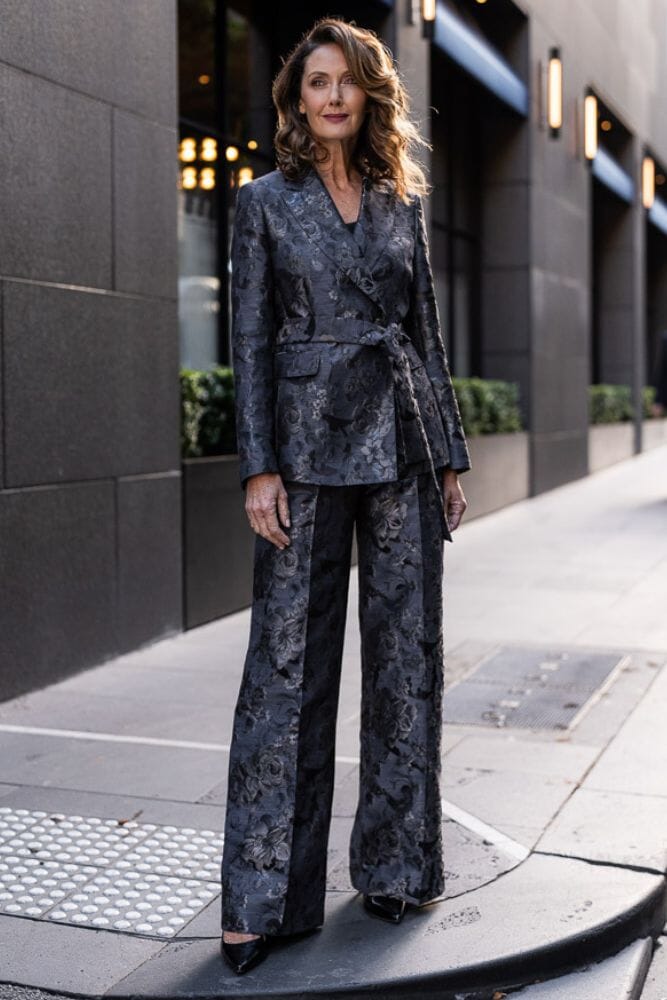 Alexis Belted Tuxedo Suit - Black and Gold Floral Jacquard Silk