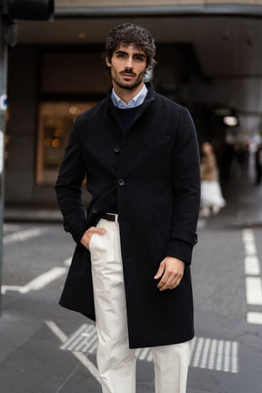Shoreditch Stand Collar Coat - Navy Wool