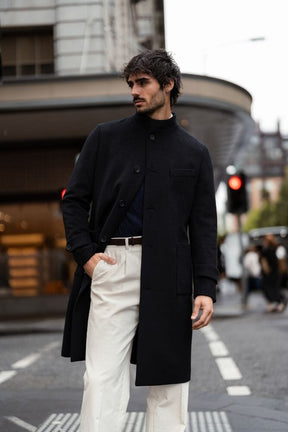 Shoreditch Stand Collar Coat - Navy Wool
