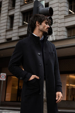 Shoreditch Stand Collar Coat - Navy Wool