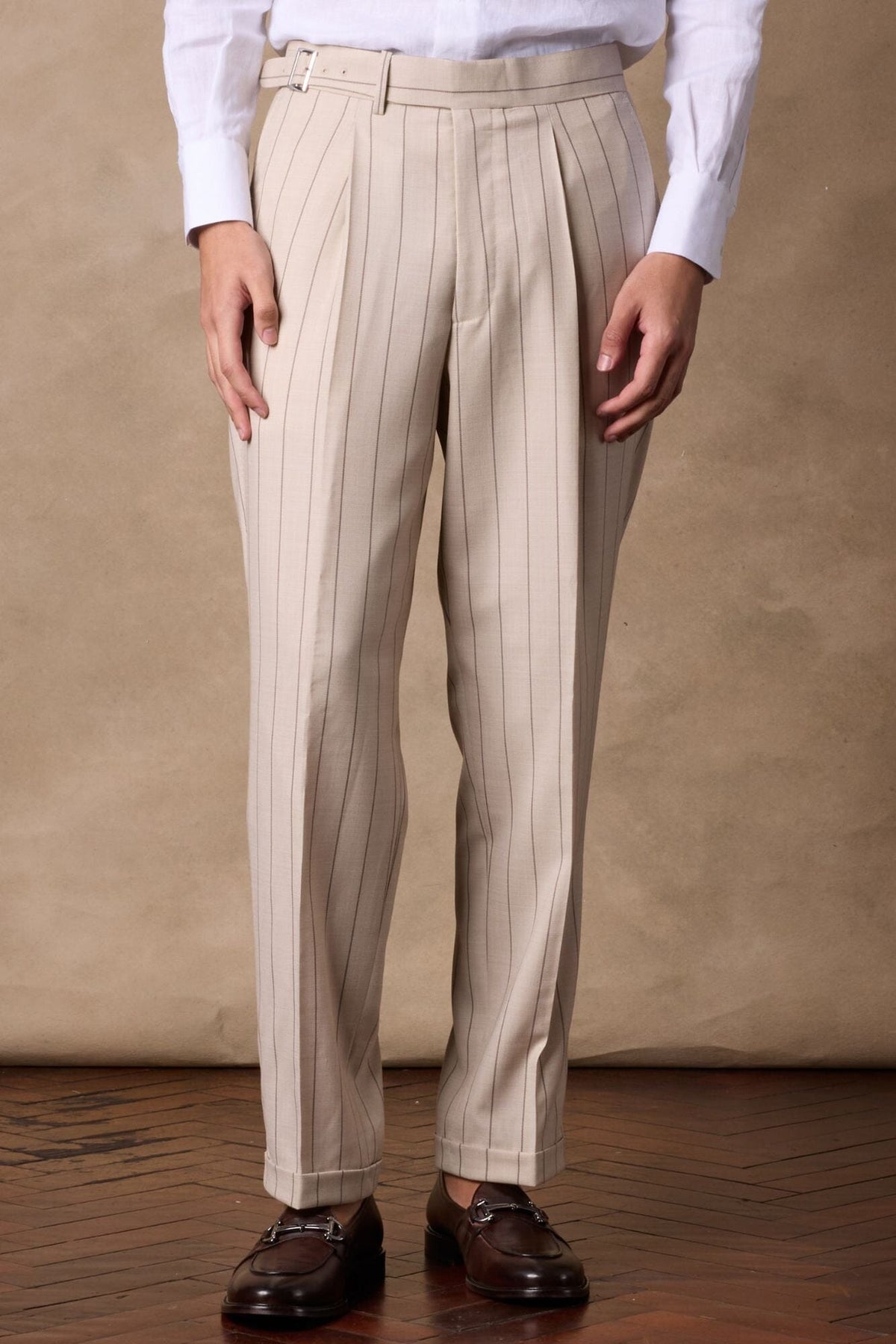 Gurkha Trouser - Beige with Brown Stripe Wool