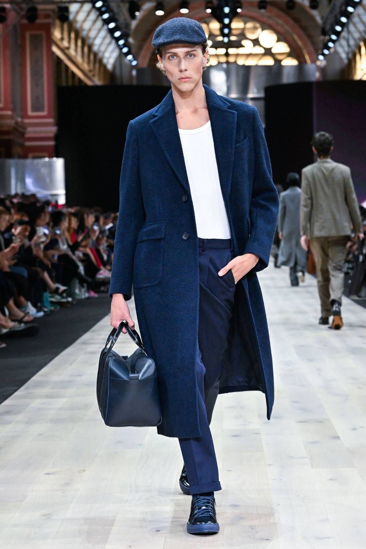 LOOK 10 - Long Carter Coat in Boiled Navy Wool and Navy Wool Gabardine Cali Trousers + The Marais Sneaker in Navy Patent Leather