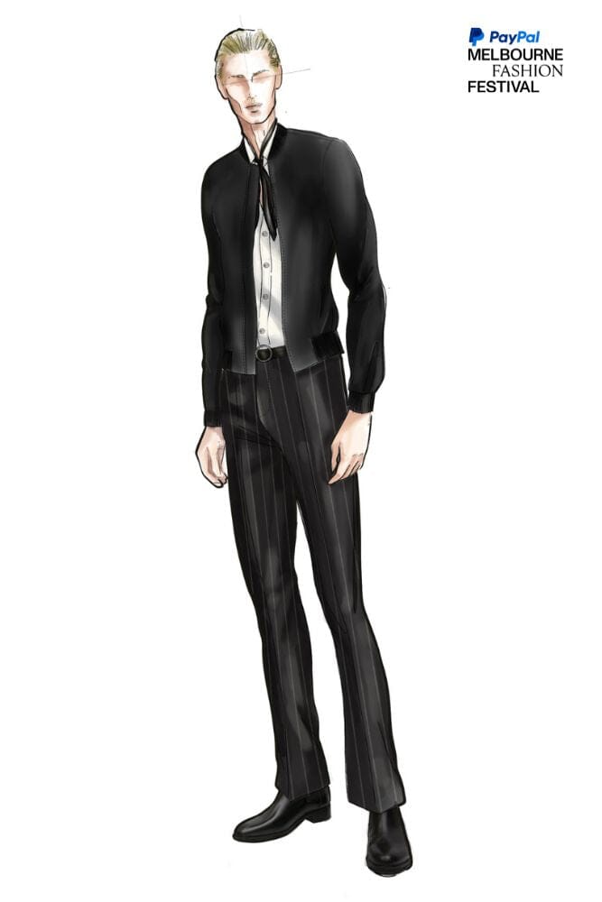 LOOK 2 - Black Velvet Bomber Jacket, Black Rope Stripe Trouser and White Silk Shirt