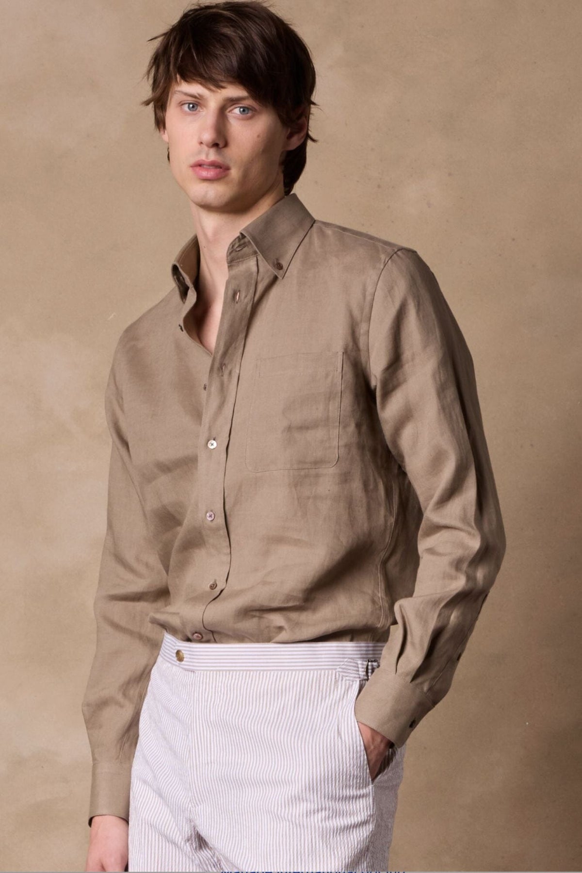 London Button Down Shirt - Lt Brown Linen